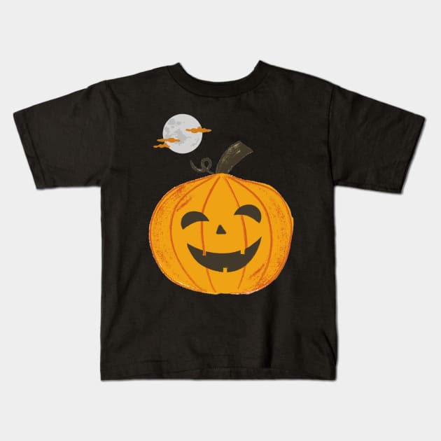 Halloween Carved Pumpkin Under The Moon (Black) Kids T-Shirt by Obeyesse